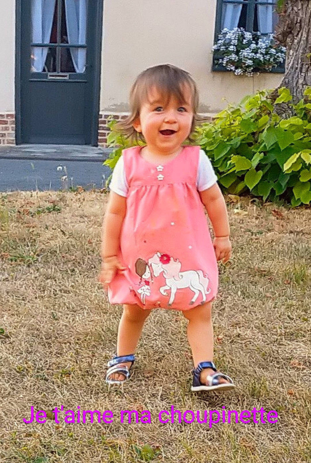 Ludivine participe au concours pour gagner de l'argent avec cette photo : baby, baby_toddler_clothing, child, day_dress, door, dress, fun, grass, happy, human_leg, joy, magenta, mammal, one_piece_garment, pattern, people_in_nature, person, pink, plant, sleeve