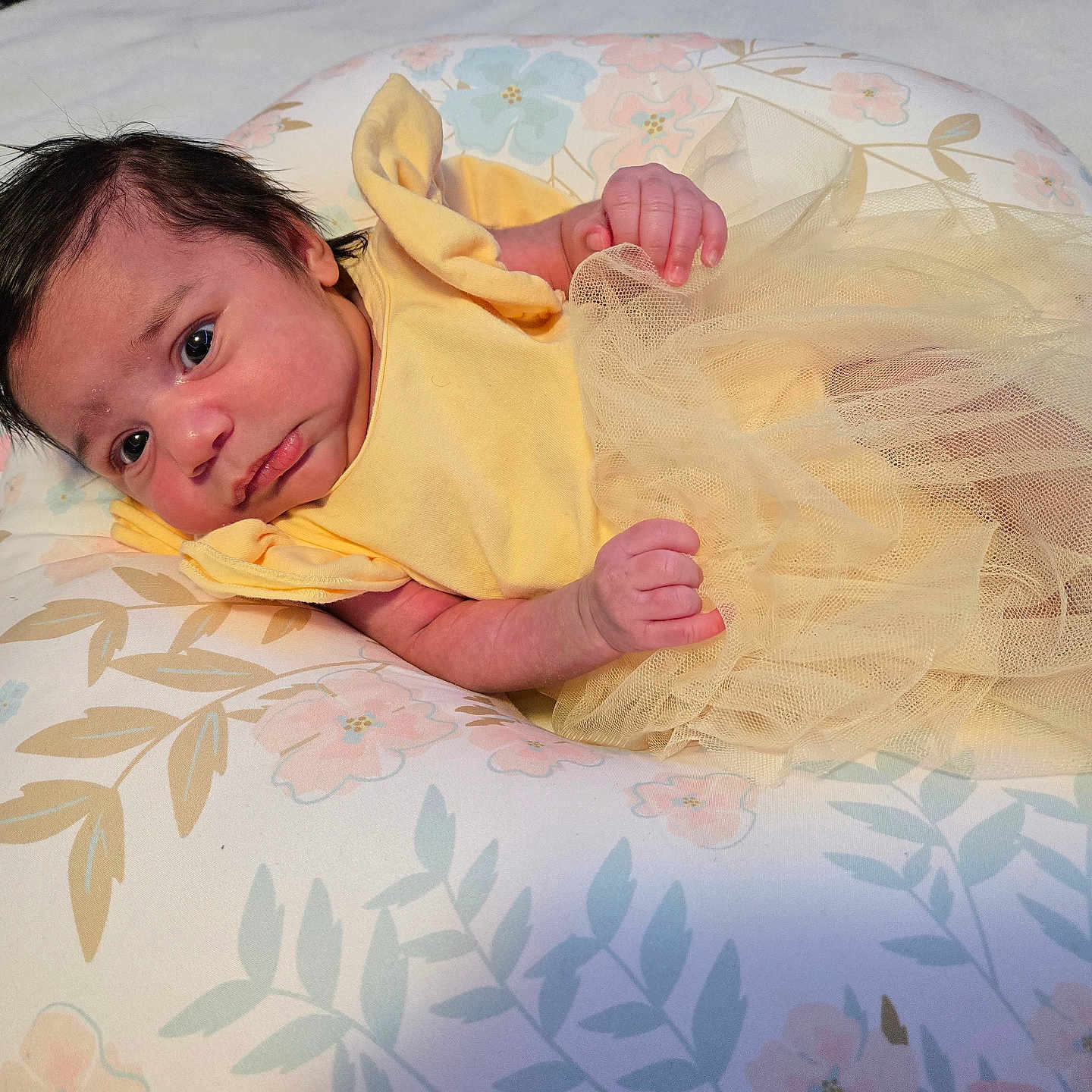 Braylee is registered to the contest to win money with this photo: baby, infant, yellow_dress, tulle_skirt, pillow, floral_pattern, newborn, cute, small_hands, lying_down, indoors, soft_lighting, portrait, child, person, sleeping_area, bedroom, resting, curious, comfortable