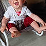 baby, baby_chair, bow, child, clothing, cute, feet, floor, hands, happy, headband, indoor, infant, laughing, person, playful, red_stripes, seated, smiling, white_top