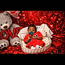 baby, basket, teddy_bear, valentines_day, heart_shaped, balloon, pacifier, red_clothing, roses, decorations, cute, infant, portrait, indoor, holiday_theme, love, plush_toy, seated, background, smiling