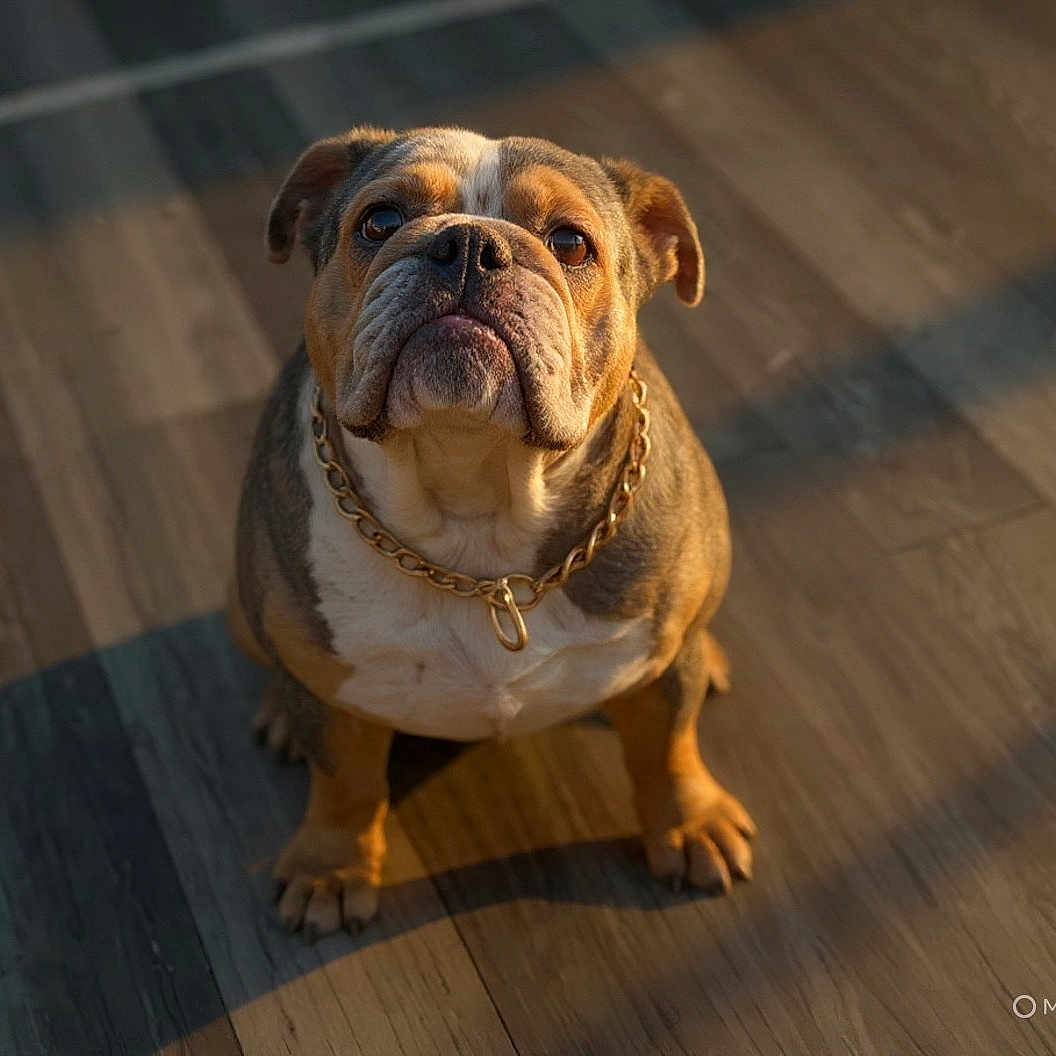 Grizzly is registered to the contest to win money with this photo: bulldog, dog, pet, chain, gold_chain, wooden_floor, indoor, sunlight, shadow, looking_up, brown, white, short_hair, cute, animal, mammal, companion, sitting, portrait, domestic_dog