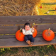 Jadiel is registered to the contest to win money with this photo: baby, infant, sleeping, pumpkin, autumn, harvest, hay, wooden_bench, outdoor, farm, fall, orange, rustic, portrait, seasonal, gourds, sunlight, cozy, clothing, newborn