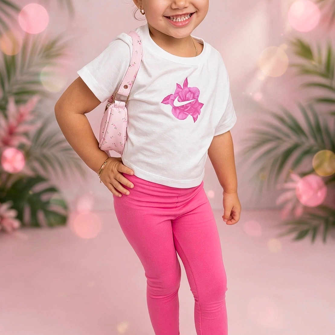 Jheselyn joined the competition — help win amazing prizes! accessories, background, bokeh, bows, child, earrings, fashion, girl, happy, pink_leggings, plants, portrait, posing, purse, short_hair, smiling, sneakers, standing, studio, white_tshirt