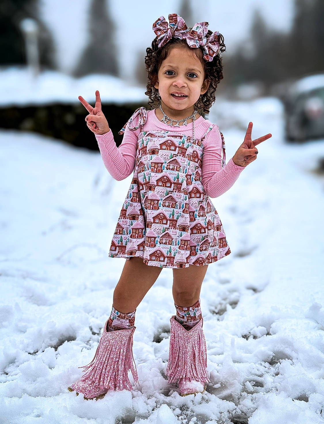 Alaya joined the competition — help win amazing prizes! baby_toddler_clothing, beauty, dress, face, fashion_design, freezing, hair, hand, happy, head, headgear, joy, magenta, pattern, person, photograph, pink, sleeve, smile, snow