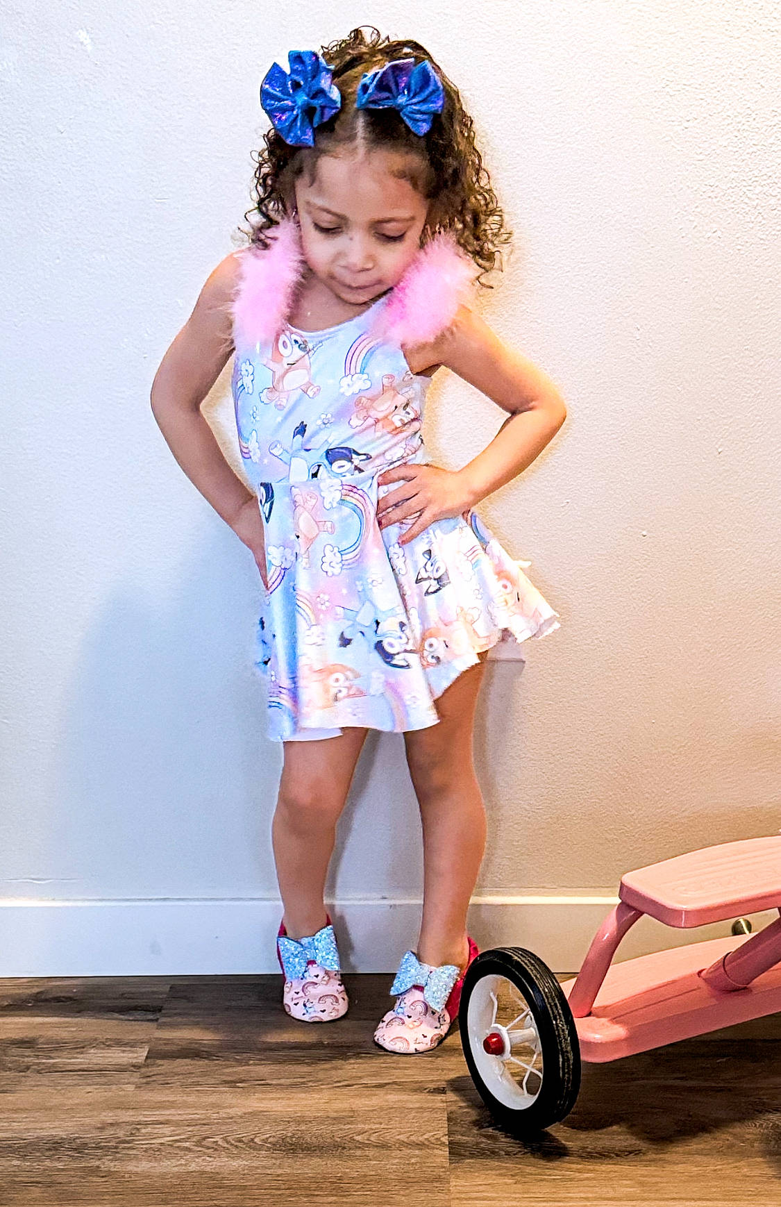 Alaya joined the competition — help win amazing prizes! automotive_tire, baby_toddler_clothing, beauty, blue, child, day_dress, dress, electric_blue, flash_photography, fun, happy, human_leg, magenta, person, pink, rolling, smile, tire, toddler, wheel