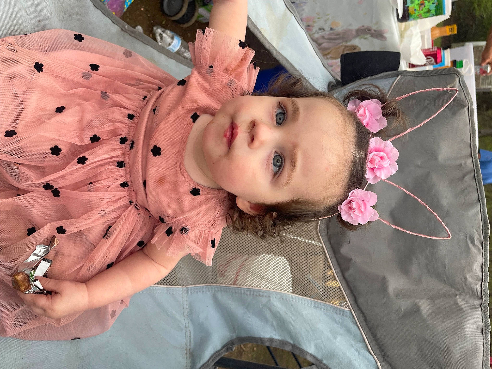 Oaklyn joined the competition — help win amazing prizes! baby, baby_toddler_clothing, cheek, child, eyelash, happy, pattern, peach, person, pink, room, skin, sleeve, textile, toddler