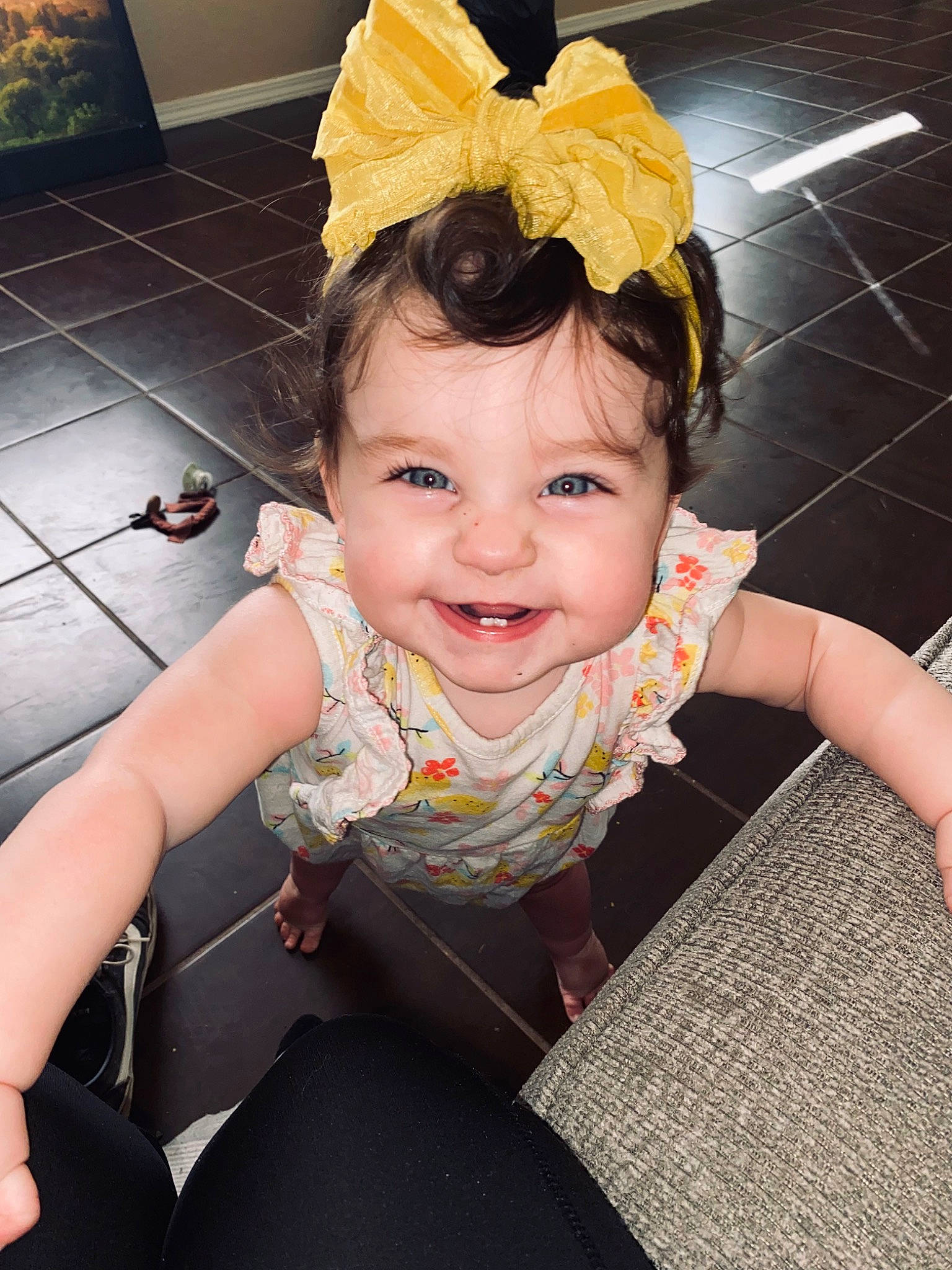 Oaklyn is registered to the contest to win money with this photo: baby, baby_toddler_clothing, cheek, child, costume_hat, fashion_accessory, flooring, fun, happy, headband, headgear, headpiece, iris, joy, pattern, person, play, sitting, skin, sleeve