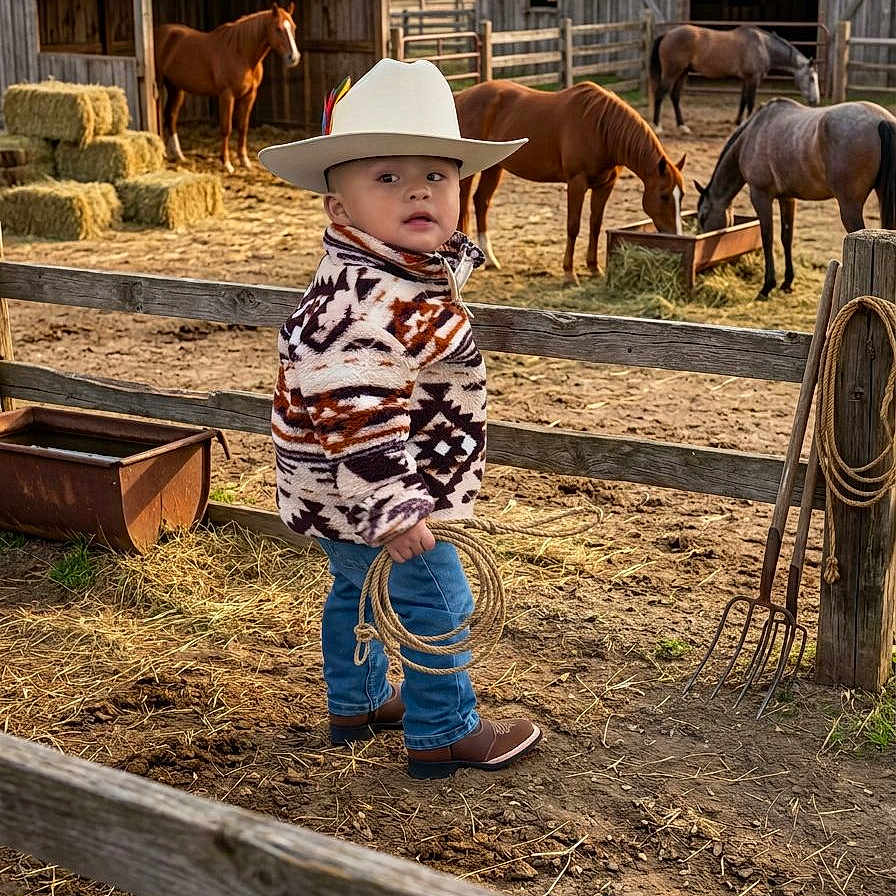Jose Maria is registered to the contest to win money with this photo: child, cowboy_hat, rope, horse, barn, hay, fence, boots, jeans, jacket, farm, animal, outdoor, rural, pet, grass, dirt, playful, portrait, sunset