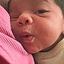 Arthur is registered to the contest to win money with this photo: baby, face, closeup, infant, expression, hair, skin, clothing, fabric, pink, cream, cute, newborn, portrait, child, person, sleepy, soft, indoors, cozy