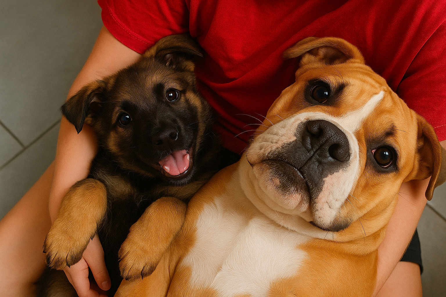 Athéna a rejoint le concours — aidez-le/la à gagner de superbes lots ! puppies, dogs, pets, smiling, cute, brown, black, fur, animal, closeup, person, arms, red_shirt, indoor, floor, tile_floor, young_dog, happy, cuddling, portrait