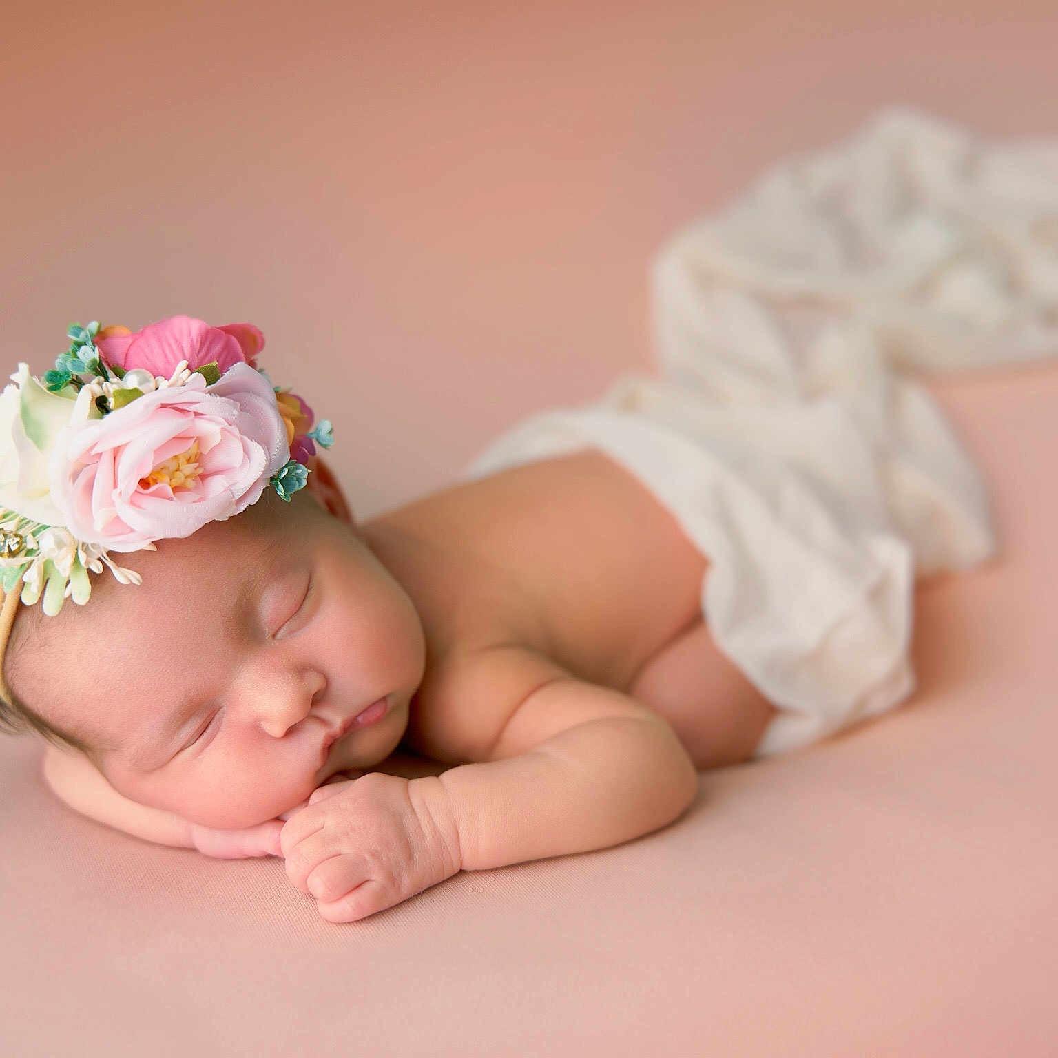 Zoë joined the competition — help win amazing prizes! adorable, baby, child, closeup, cute, face, flower_headband, hand, infant, lying_down, newborn, peaceful, pink_background, portrait, resting, skin, sleeping, soft_texture, tender, white_cloth