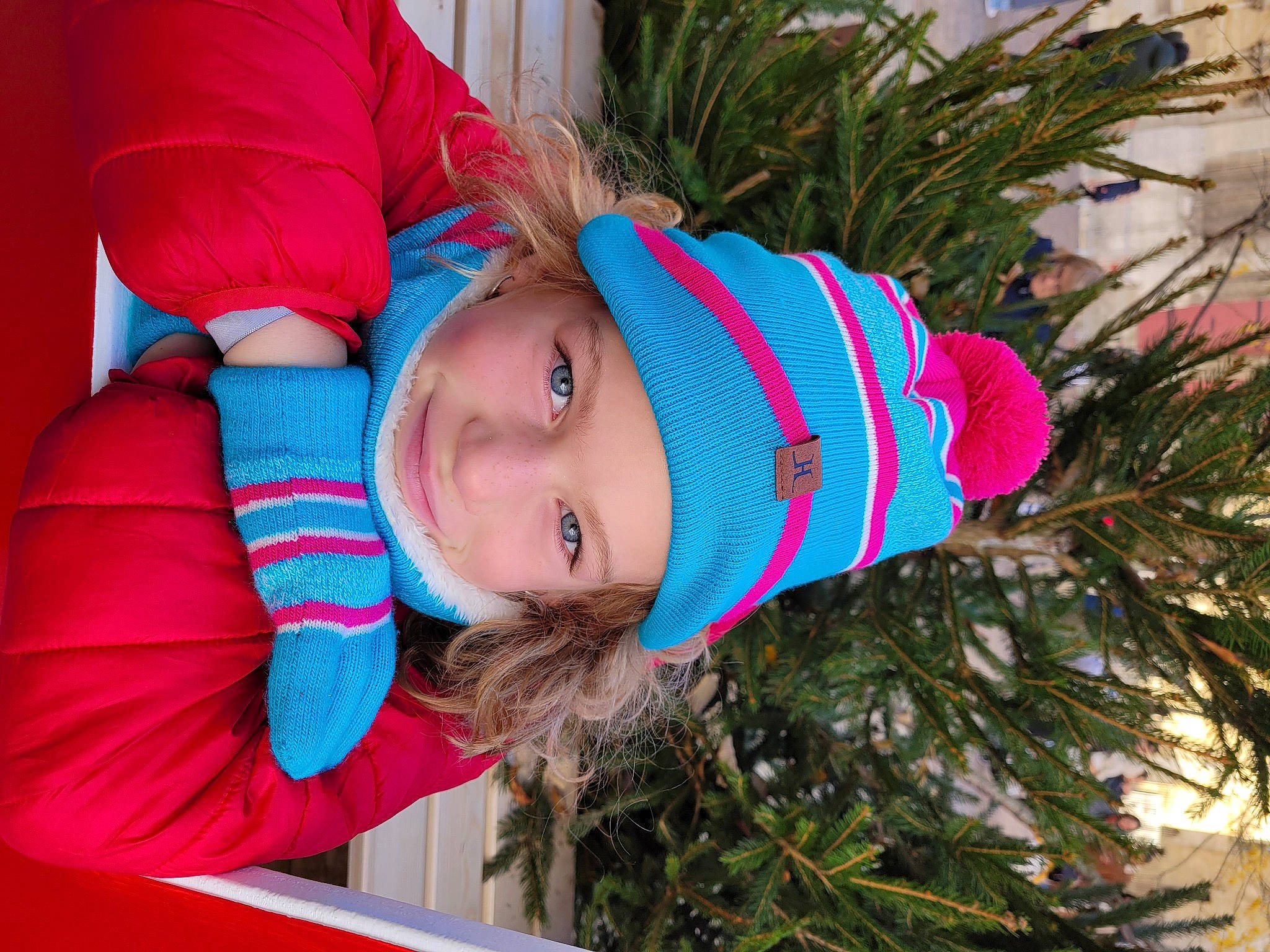Charlie participe au concours pour gagner de l'argent avec cette photo : child, christmas_tree, comfort, conifer, electric_blue, event, evergreen, fun, grass, happy, hat, headwear, holiday, joy, leisure, magenta, outerwear, person, plant, toddler