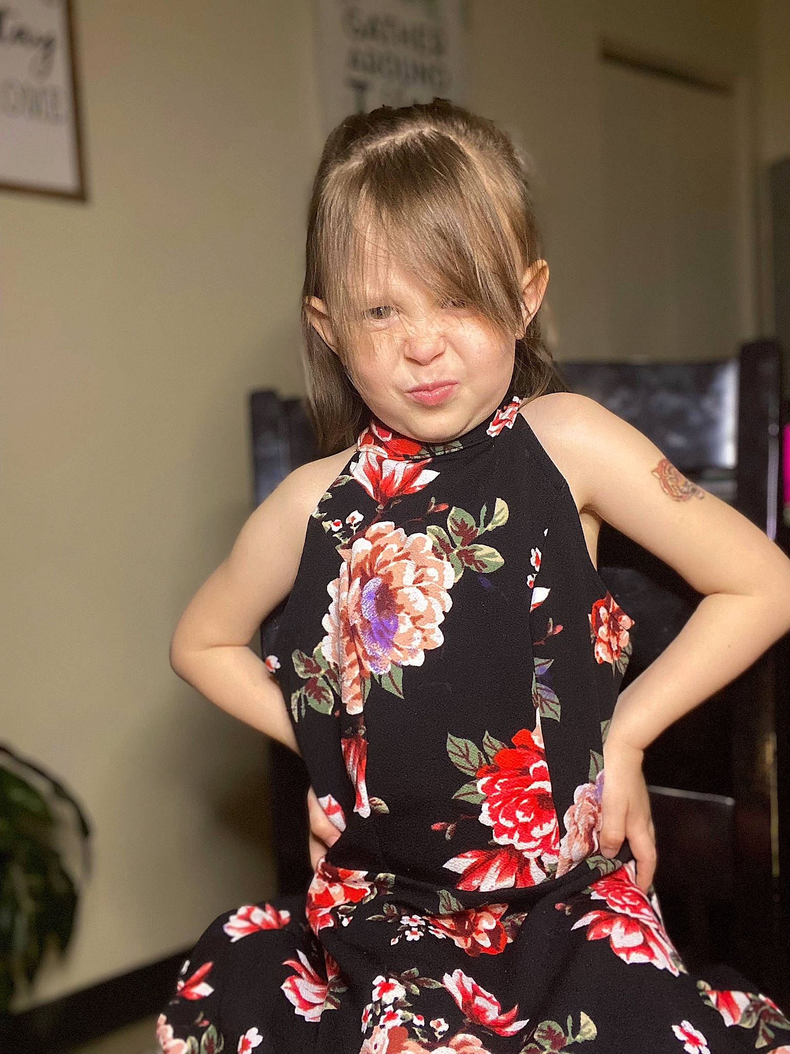 Harper joined the competition — help win amazing prizes! baby_toddler_clothing, brown_hair, child, day_dress, dress, embellishment, event, fashion_accessory, fashion_design, formal_wear, happy, jewellery, neck, one_piece_garment, pattern, peach, person, sitting, sleeve, smile