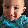 baby, child, face, smile, happy, blue_shirt, striped_clothing, portrait, infant, cute, young_child, human, skin, head, eyes, person, closeup, indoors, baby_boy, expression