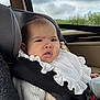 baby, car_seat, child, infant, white_clothing, frilly_bib, car_interior, seatbelt, window, cloudy_sky, face, portrait, person, expression, young_child, sitting, seat, safety, cozy, curious