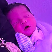 Mason joined the competition — help win amazing prizes! newborn, baby, sleeping, portrait, face, yawning, closed_eyes, mitten, striped_clothing, onesie, infant, indoor, close_up, cuddled, blanket, textile, purple_lighting, phone_screenshot, cozy, peaceful