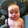 Noah joined the competition — help win amazing prizes! baby, infant, child, portrait, face, eyes, hair, sitting, baby_seat, car_seat, pacifier, plush_toy, bee_toy, blanket, cushion, indoor, close_up, bare_chest, head, person