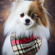 Neige participe au concours pour gagner de l'argent avec cette photo : adorable, animal, bandana, bokeh, brown_fur, closeup, cute, dog, ears, eyes, fashion, fluffy, nose, pet, plaid, pomeranian, portrait, soft_light, studio, white_fur