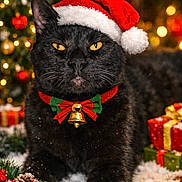 Shadow is registered to the contest to win money with this photo: black_cat, cat, santa_hat, christmas_collar, holiday, festive, christmas_tree, ornaments, bokeh, pine_cone, red_berries, snow, gift_boxes, decorations, pet, indoor, close_up, animal, cute, celebration