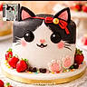 animal_cake, black_and_white, cake, cat, cat_theme, celebration, close_up, cute, decorated_cake, dessert, food, holiday, inset_photo, paw_prints, real_cat, red_bow, sprinkles, strawberries, sweet, table