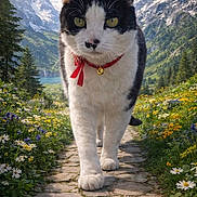 Prune a rejoint le concours — aidez-le/la à gagner de superbes lots ! animal, black_and_white, cat, close_up, clouds, collar, daylight, flora, greenery, landscape, mountains, nature, outdoor, red, scenic, sky, snow_capped, stone_path, walking, wildflowers