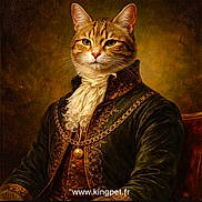 Nouma participe au concours pour gagner de l'argent avec cette photo : cat, portrait, costume, historical_clothing, aristocratic, ruffled_cravat, gold_chain, noble, pet, feline, chair, texture, brown_background, sitting, vintage_style, animal_portrait, costume_design, digital_art, whiskers, ears