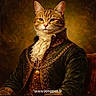 animal_portrait, aristocratic, brown_background, cat, chair, costume, costume_design, digital_art, ears, feline, gold_chain, historical_clothing, noble, pet, portrait, ruffled_cravat, sitting, texture, vintage_style, whiskers