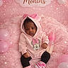 baby, infant, pink, hoodie, minnie_mouse, balloons, bottle, blanket, sneakers, celebration, three_months, cute, child, portrait, soft_texture, baby_clothes, indoor, person, footwear, smiling