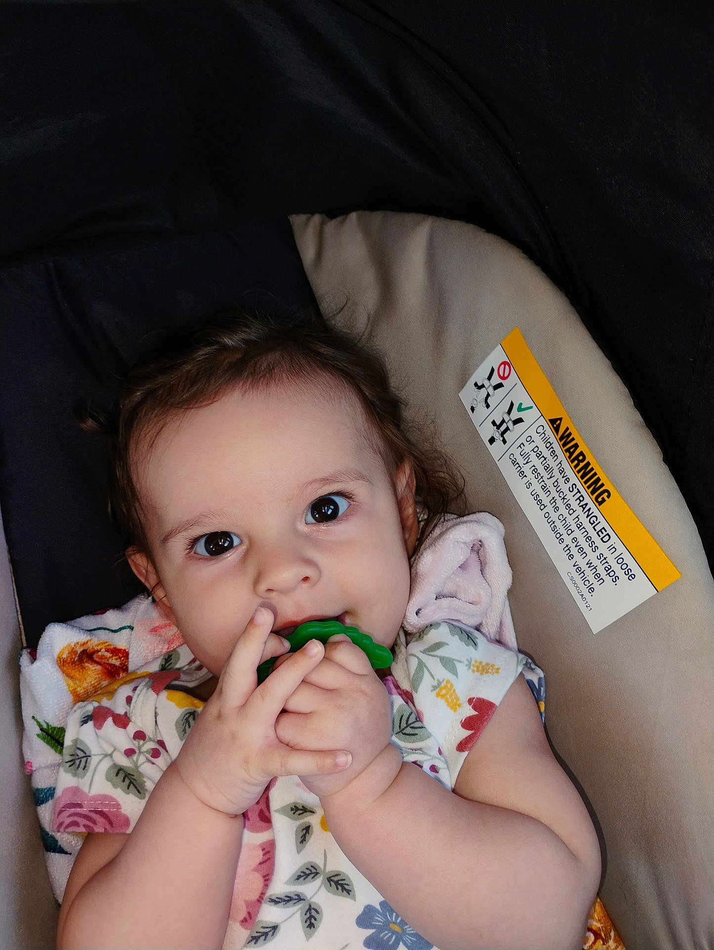 Daniela joined the competition — help win amazing prizes! baby, teether, infant, child, hands, face, eyes, clothing, floral_pattern, blanket, seat, car_seat, cute, portrait, indoor, person, toddler, young_child, skin, expression