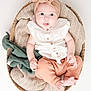 baby, infant, basket, blanket, headband, bow, clothing, white_background, plush_toy, cute, soft_texture, child, portrait, sitting, indoors, happy, small_feet, buttoned_shirt, cozy, closeup