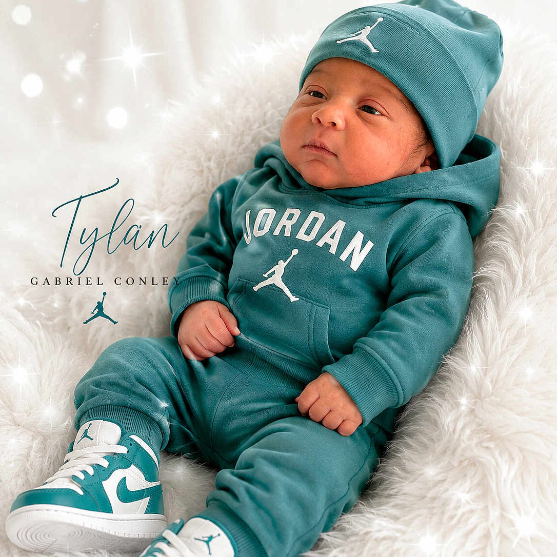 Tylan joined the competition — help win amazing prizes! baby, child, infant, hoodie, hat, sneakers, jordan, clothing, footwear, white, teal, fur_blanket, portrait, cute, fashion, relaxed, indoor, cozy, person, newborn