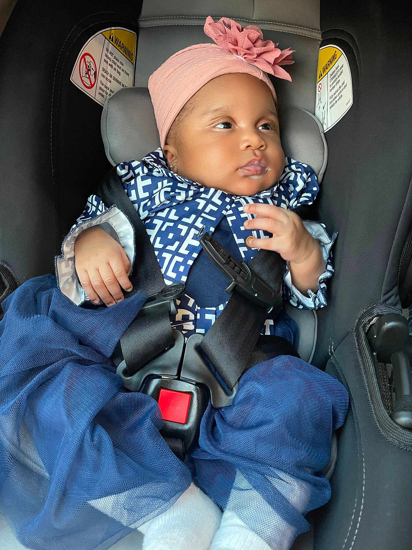 Rayanne Paulo joined the competition — help win amazing prizes! baby, infant, child, car_seat, headband, bow, jacket, harness, seatbelt, warning_label, closeup, portrait, cute, milk_on_lip, hand, little_hands, feet, socks, tulle, fabric