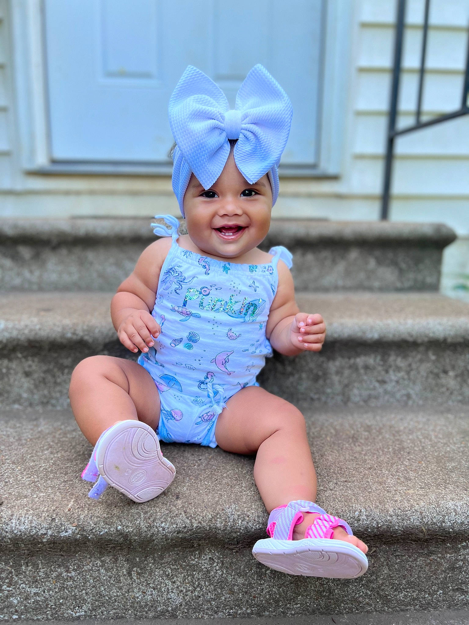 Emberly joined the competition — help win amazing prizes! baby, baby_toddler_clothing, blue, door, electric_blue, footwear, fun, grass, happy, headband, headwear, joy, knee, magenta, person, pink, purple, sleeve, smile, sneakers