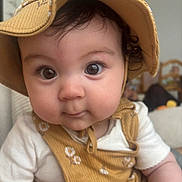 Pearl Yangchen Lhamo participe au concours pour gagner de l'argent avec cette photo : baby, child, face, hat, clothing, curly_hair, indoors, portrait, cute, expression, young_child, chubby_cheeks, looking_at_camera, yellow, floral_pattern, headwear, close_up, infant, person, white_shirt