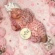 Cecilia is registered to the contest to win money with this photo: baby, infant, sleeping, portrait, pink, heart, valentines_day, floral, flowers, headband, bow, dress, sandals, milestone, two_months, blanket, newborn, cute, indoor, photography
