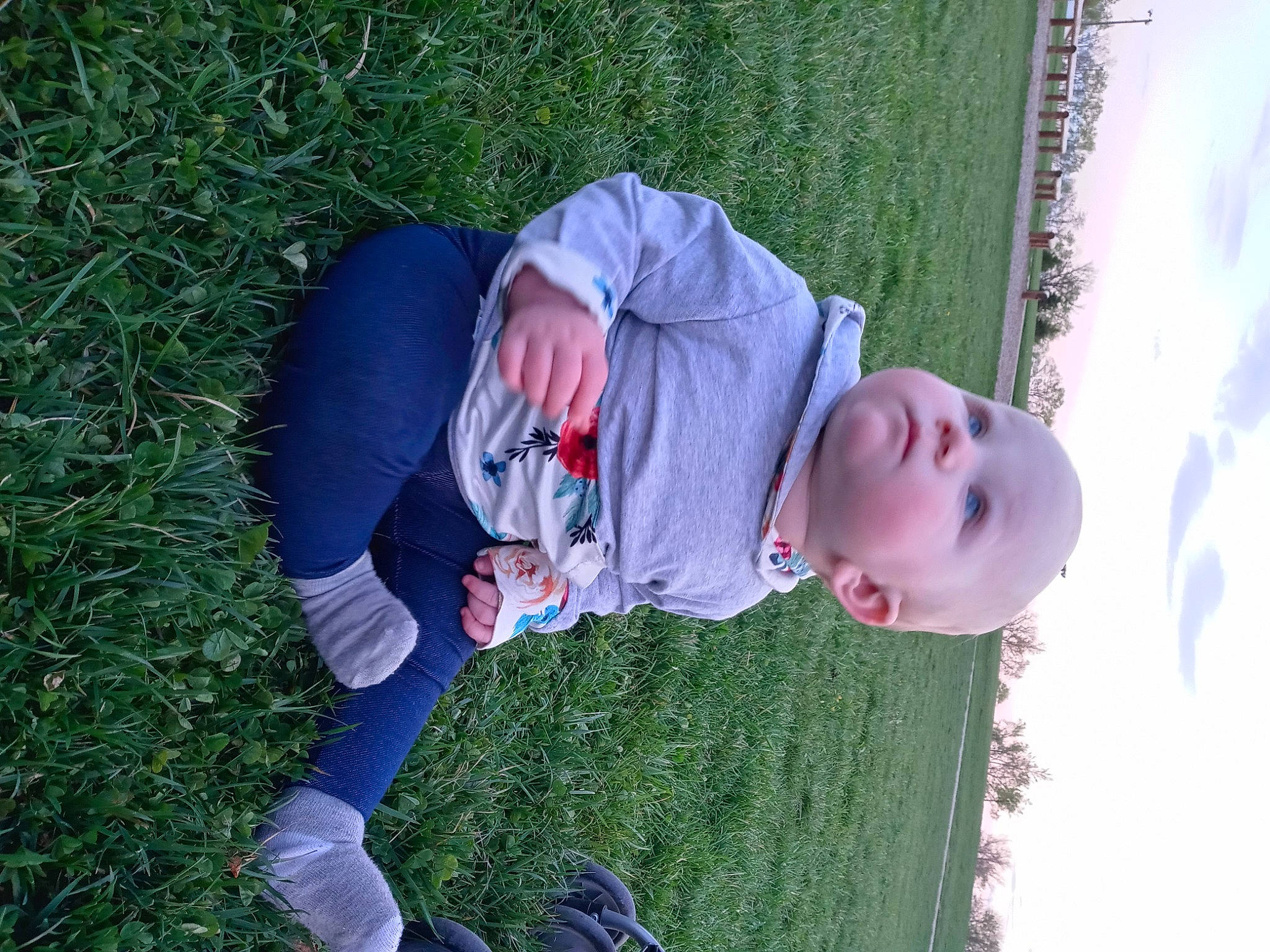 Sabrina is registered to the contest to win money with this photo: baby, child, fun, grass, grass_family, grassland, happy, lawn, leisure, people_in_nature, person, plant, recreation, sitting, sky, toddler, tree, water, yard