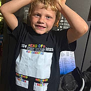 Callen is registered to the contest to win money with this photo: child, boy, smiling, tshirt, blonde_hair, playful_pose, hands, indoor, casual_clothing, calendar, sticker, cabinet, paper, shorts, light_skin, cheerful, background, person, portrait, happy