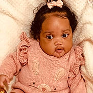 Anyla is registered to the contest to win money with this photo: baby, infant, child, pink_sweater, bow, curly_hair, cute, face, eyes, blanket, soft_texture, cozy, portrait, clothing, closeup, adorable, young_child, smile, cute_outfit, indoor