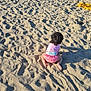 Angélika participe au concours pour gagner de l'argent avec cette photo : child, beach, sand, sunlight, pink_clothing, toddler, yellow_towel, footprints, outdoor, summer, sunny, texture, vacation, play, barefoot, back_view, nature, relaxation, holiday, sand_patterns