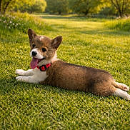 Sassy is registered to the contest to win money with this photo: dog, puppy, corgi, grass, outdoor, park, pet, collar, red_collar, tongue_out, playful, resting, summer, sunshine, paws, brown_fur, white_fur, closeup, nature, adorable