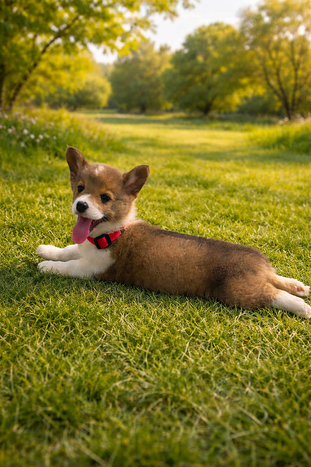 Sassy is registered to the contest to win money with this photo: dog, puppy, corgi, grass, outdoor, park, pet, collar, red_collar, tongue_out, playful, resting, summer, sunshine, paws, brown_fur, white_fur, closeup, nature, adorable