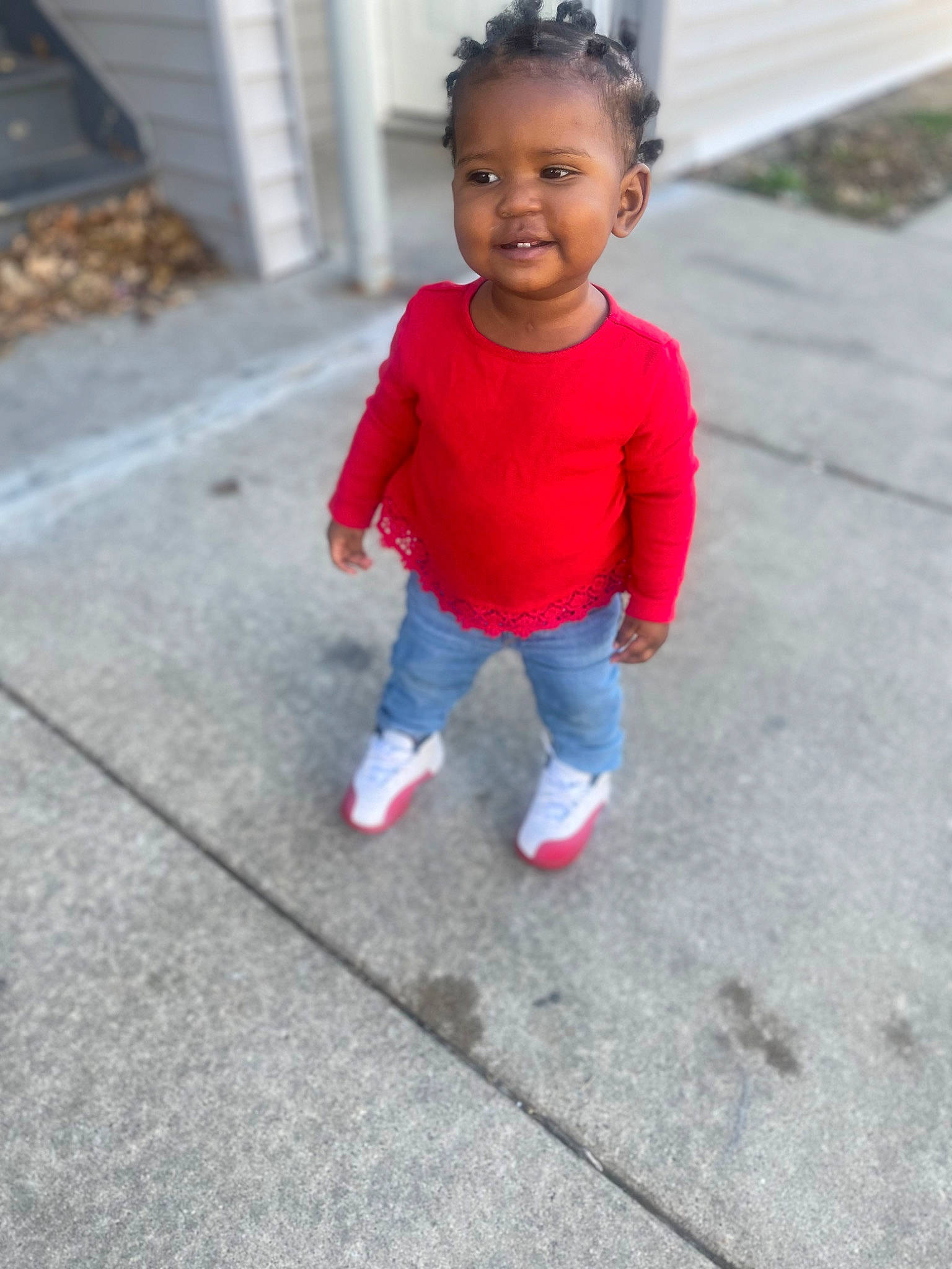 Anyla Smith is registered to the contest to win money with this photo: asphalt, baby, baby_toddler_clothing, child, clothing, concrete, denim, electric_blue, eye, flooring, hair, human_body, joy, magenta, pattern, person, recreation, road_surface, sleeve, smile