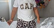 Salome joined the competition — help win amazing prizes! bed, bedding, bedroom, bow, child, fashion, girl, happy, indoor, leopard_print, open_mouth, pajamas, portrait, smiling, standing, stuffed_animals, t_shirt, toddler, toys, window
