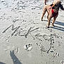 Mickey joined the competition — help win amazing prizes! dog, beach, sand, harness, shadow, sunlight, footprint, curly_hair, pet, outdoor, animal, canine, summer, vacation, leash, playful, writing_in_sand, shadow_hand, daytime, nature