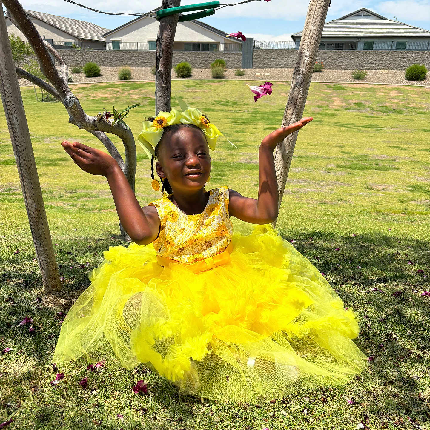 Sadie joined the competition — help win amazing prizes! architecture, backyard, building, child, clothing, costume, dress, face, formalwear, grass, head, nature, outdoors, person, photography, plant, portrait, shelter, summer, yard