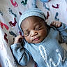 newborn, baby, sleeping, infant, blue_outfit, hat, blanket, footprints, cozy, peaceful, portrait, cute, resting, child, indoor, soft_light, closeup, tiny_hands, sleep, face