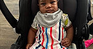 Makaio is registered to the contest to win money with this photo: baby, bib, black_car_seat, calm_expression, car_seat, casual_clothing, child, cute, floor, footwear_absent, home, indoor, infant, looking_at_camera, person, portrait, seated, striped_clothing, toy, wooden_floor