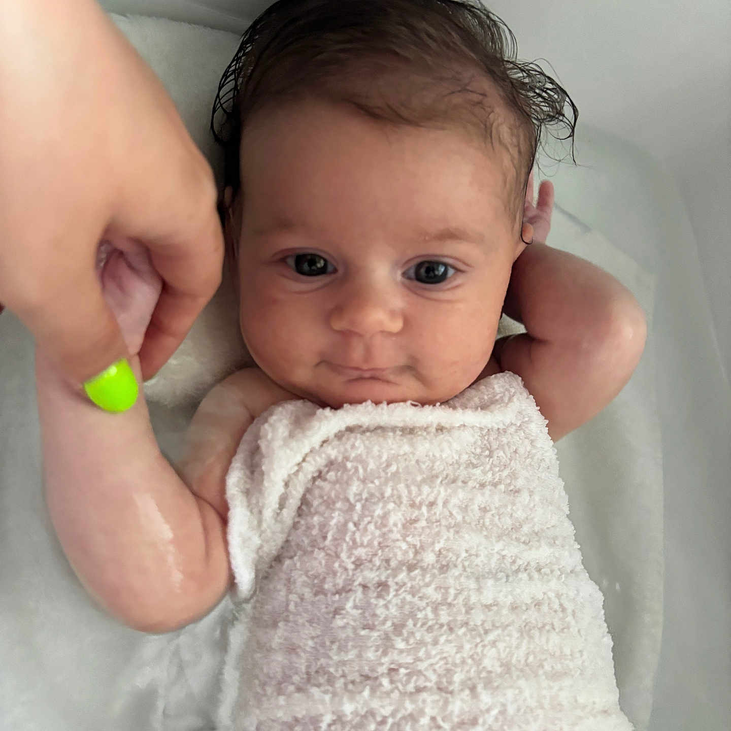 Ensley is registered to the contest to win money with this photo: baby, bathtowel, biting, blanket, bodypart, cutlery, eating, face, finger, food, hand, happy, head, newborn, person, photography, portrait, smile, spoon, towel