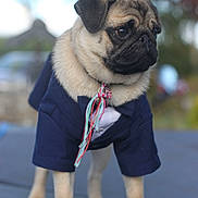 Valentino a rejoint le concours — aidez-le/la à gagner de superbes lots ! dog, pug, pet, animal, portrait, outdoors, bokeh, jacket, clothing, tassel, collar, paws, fur, eyes, muzzle, standing, cute, candid, shallow_depth_of_field, costume