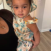 Aislynn joined the competition — help win amazing prizes! toddler, child, baby, person, indoor, clothing, bonnet, floral_pattern, hand, adult, flooring, wooden_floor, necklace, jewelry, cute, portrait, holding, calm, face, eyes